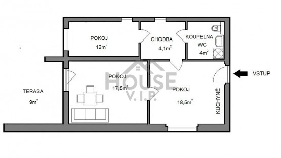 Prodej bytu 3+kk, 67,6 m2 s terasou, Kynského, Slaný.Půdorys